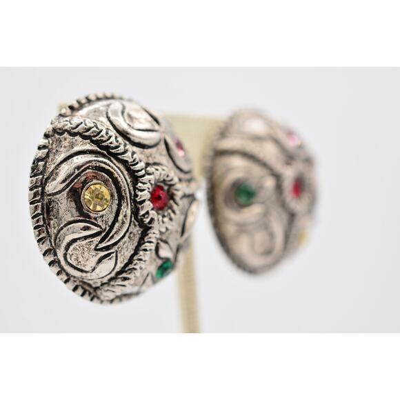 Vintage Chunky Clip On Earrings Crystal Antiqued Round Mod Dep Signed 1980s A21 - Picture 4 of 12